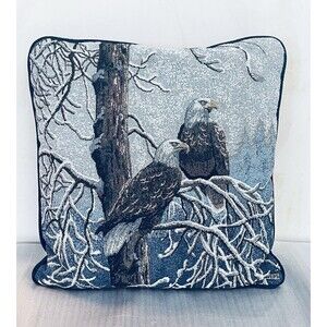 VTG Bald Eagle Tapestry Throw Pillow 18x18 USA Made Winter Wildlife Decor